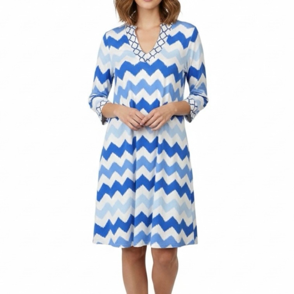 J McLaughlin Blue Chevron‎ Catalina Cloth 3/4 Sleeve Shift Dress Size XL